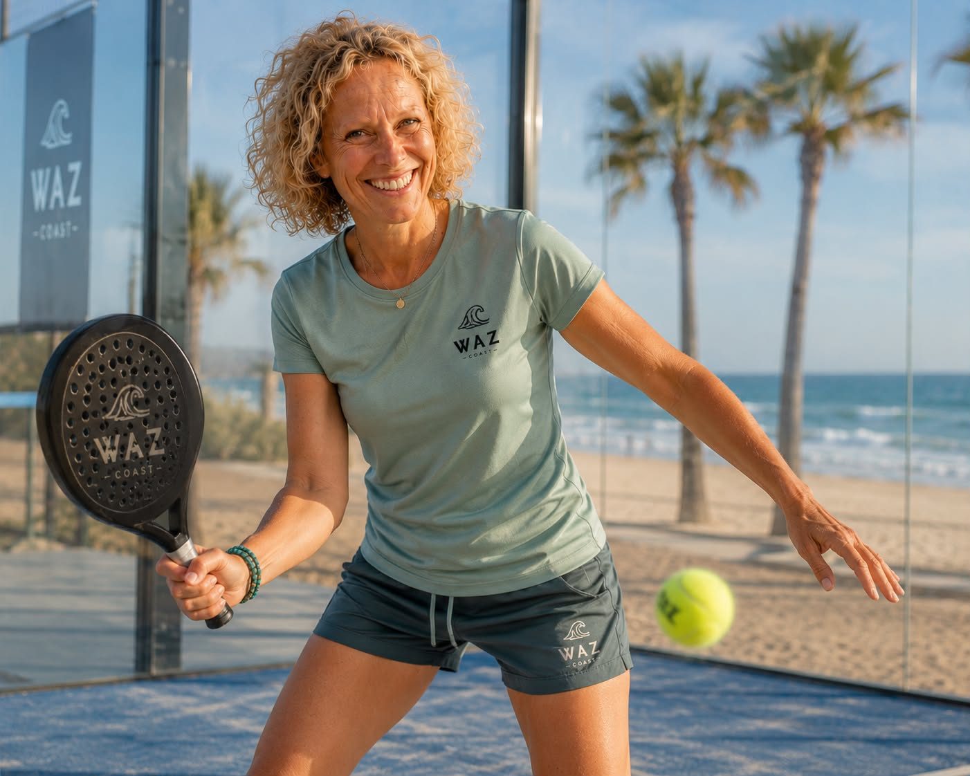 Padel by the beach in WAZ Coast tee and shorts
